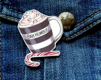 Christmas Cornishware pin brooch,  Bah humbug! Funny Xmas badge.