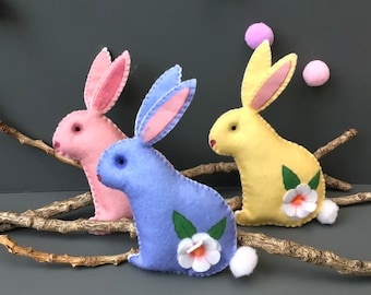 DIY Craft Kit - Sew your own mini Easter Bunny, felt spring flowers sewing kit, ornaments.