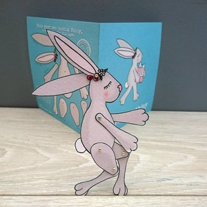 Birthday greetings card - Hoppy Birthday - cutout doll - articulated doll - activity card  - paper doll - Bunny - Hare - Rabbit - craft kit