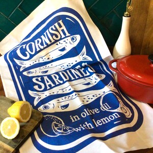 Cornish sardine tin tea towel, screen printed, Cornwall gift.