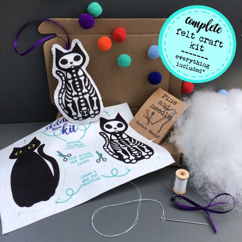 DIY Craft Kit Sew your own felt Cat Skeleton decoration, ornament, plushie sewing kit image 1