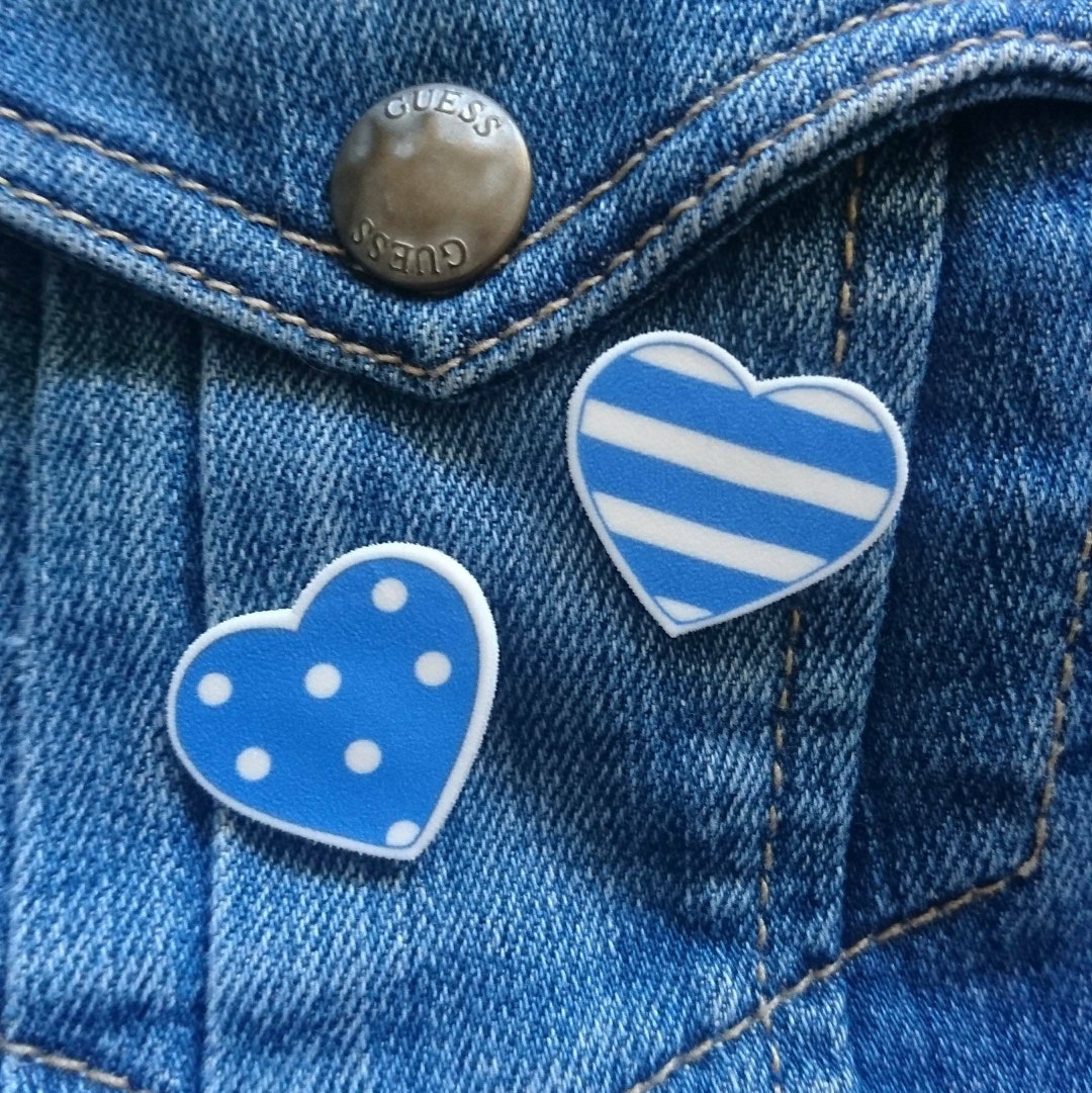 Little Heart Pins. One Blue Cornishware Stripe and a Blue Domino Spot