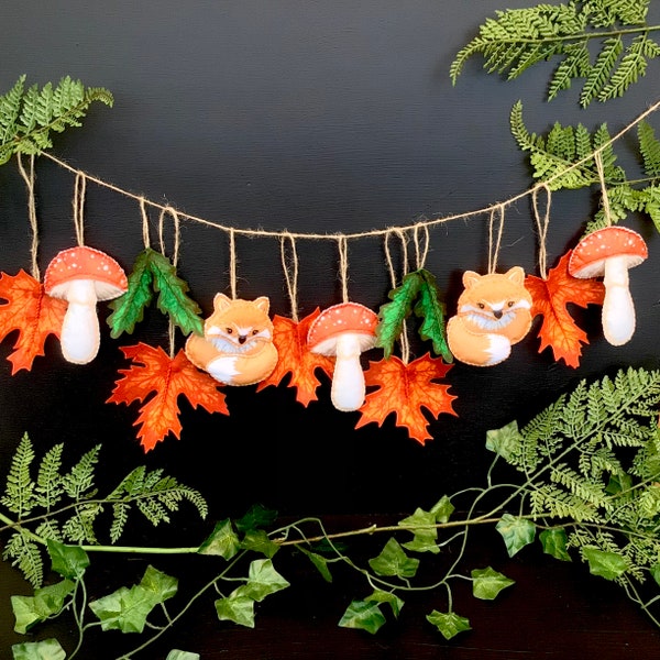 Craft Kit - Sew your own Woodland Garland/decorations, felt sewing kit, ornaments woodland decor with foxes mushrooms and leaves.