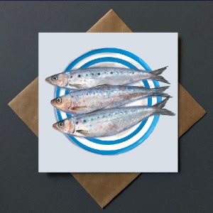 Carte de sardines de Cornouailles. Sardines sur une assiette en cornish, nautique, bord de mer, carte pour lui, vierge à l'intérieur