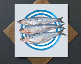Carte de sardines de Cornouailles. Sardines sur une assiette en cornish, nautique, bord de mer, carte pour lui, vierge à l'intérieur