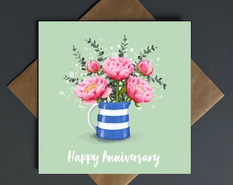 Anniversary card, a Cornish ware jug brimming with cottage garden flowers, blank inside