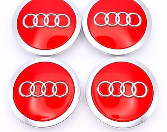 Juego de 4 tapones centrales de llanta de aleación Audi rojos con aro cromado de 69 mm (4B060117A) compatibles con A3, A4 y A5.