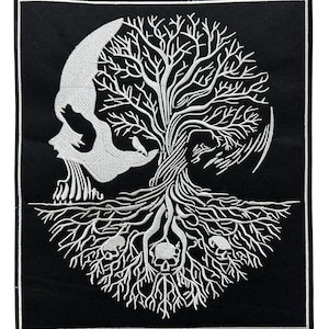 May include: A white embroidered patch on a black background depicting a skull with a tree growing out of its head. The tree's roots spread out and end in three skulls.