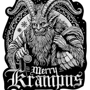 Puede incluir: Parche bordado en blanco y negro de una figura con cuernos y barba con una expresión amenazante, sosteniendo un adorno navideño. El texto "merry Krampus" está debajo de la figura.