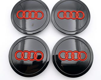Juego de 4 tapas centrales para llantas de aleación Audi, color negro y rojo, con aro cromado, 69 mm (4B060117A). Compatibles con A3, A4 y A5.