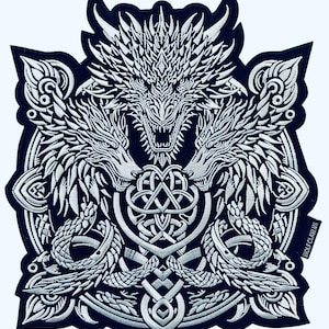 May include: A silver embroidered patch featuring a dragon with two wolf heads on either side, all within a circular Celtic knot design. The patch is on a black background.