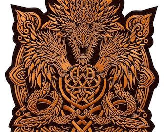 Three Headed Dragon Viking, Norse, Nordic Orange Embroidered Patch - Large Iron-On Tribal Applique - Vivid Motorcycle Jacket Back Patch