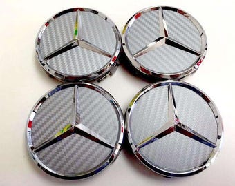 Juego de 4 tapacubos centrales de aleación de carbono plateado para Mercedes de 75 mm. Compatibles con Clase A, Clase C, Clase E, Clase S y AMG.