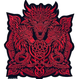 May include: Red embroidered patch featuring a three-headed dragon design. The dragon heads are intertwined with a Celtic knot. The patch is surrounded by a black border with the text "WOLFCLAW.US" in the bottom left corner.