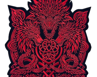 Parche bordado rojo vikingo/nórdico con dragón de tres cabezas - Aplique tribal termoadhesivo grande - Parche trasero para chaqueta de moto