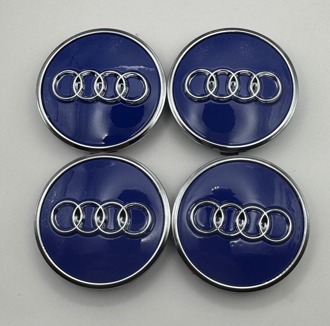 Set of 4 AUDI Blue Silver Alloy Wheel Centre Caps With Chrome Ring 61mm ...