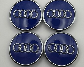 Juego de 4 tapones centrales de llanta de aleación AUDI azul plateado con anillo cromado de 61 mm compatibles con A3 A4 A5 (4M0601170)