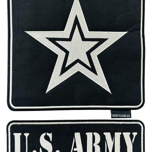May include: Two black embroidered patches. The top patch features a white star on a black background. The bottom patch reads "U.S. ARMY" in white lettering. Both patches have a white border.