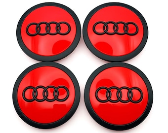 Juego de 4 tapas centrales para llantas de aleación Audi rojas y negras con aro cromado de 69 mm (4B060117A) compatibles con A3, A4, A5 y A6.