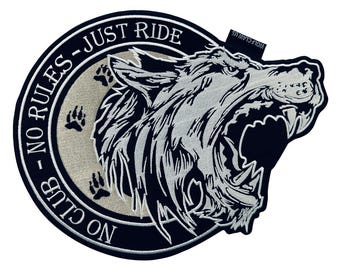 Parche bordado grande con la frase "No Club No Rules Just Ride", "Lobo solitario", "Aplica de lobo termoadhesiva grande", "Parche para espalda de chaqueta de motociclista"