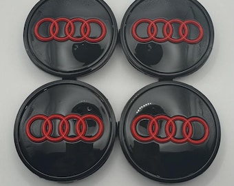 Juego de 4 tapacubos de aleación para llantas Audi, color negro y rojo, con aro cromado de 61 mm (4M0601170), compatibles con A3, A4 y A5.