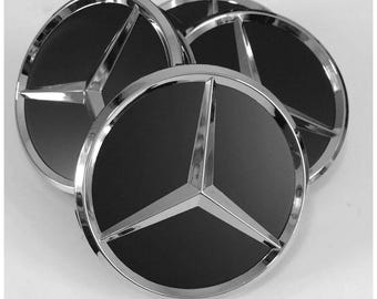 Juego de 4 tapacubos centrales de aleación Mercedes de 75 mm en negro mate para Clase A, Clase C, Clase E, Clase S y AMG.