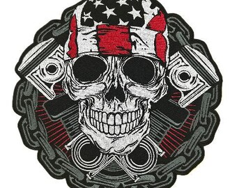 Parche bordado con bandera de calavera en cadena - Aplique de calavera grande para planchar - Parche para espalda de chaqueta de motociclista de colores vivos