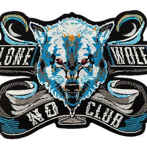 May include: Embroidered patch featuring a blue and white wolf with red eyes, surrounded by a black and blue banner with the text "Lone Wolf MC" in white.