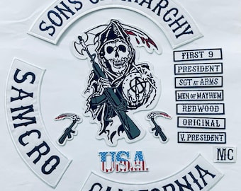 Parche bordado azul de 15 piezas de Sons of Anarchy - Aplique termoadhesivo de calavera grande - Parche para espalda de chaqueta de motociclista de colores vivos