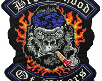 Parche bordado azul de la Hermandad de motociclistas de gorila - Aplique termoadhesivo grande de puro gorila - Parche para espalda de chaqueta de motociclista de colores vivos