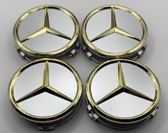 Juego de 4 tapas centrales para llantas de aleación Mercedes de 75 mm en color plata y oro, compatibles con Clase A, Clase C, Clase E, Clase S y AMG.