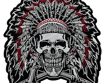 Parche bordado de chef indio: aplique grande de chef indio con calavera para planchar: parche para espalda de chaqueta