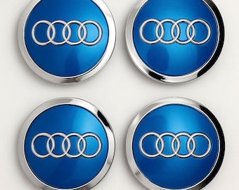 Juego de 4 tapacubos de aleación azul para llantas de AUDI con aro cromado de 69 mm (4B060117A). Compatibles con A3, A4, A5 y A6.
