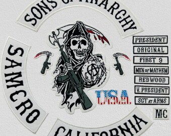 Parche bordado negro de 15 piezas de Sons of Anarchy - Aplique de calavera grande termoadhesivo - Parche para espalda de chaqueta de motociclista de colores vivos
