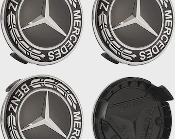 Juego de 4 tapas centrales negras para llantas de aleación Mercedes de 75 mm con diseño de corona. Compatibles con Clase A, Clase C, Clase E, Clase S y AMG.