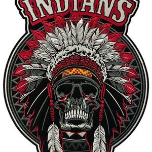 May include: Embroidered patch with a skull wearing a red and white headdress with feathers. The patch is black with a gray and white circular design around the skull. The text "INDIANS" is above the skull in red and white letters.