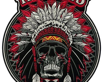 Parche bordado de calavera de nativos americanos - Aplique grande de calavera termoadhesivo - Parche para espalda de chaqueta de motociclista con colores vivos