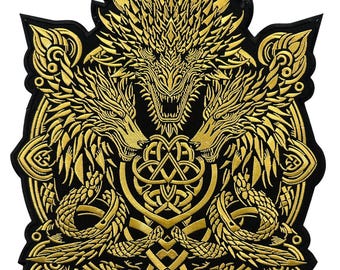 Parche bordado vikingo, nórdico y nórdico de tres cabezas de dragón amarillo - Aplique tribal grande para planchar - Parche para espalda de chaqueta de motocicleta de colores vivos