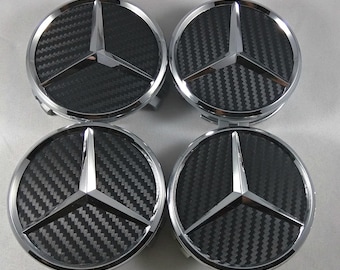 Juego de 4 tapacubos centrales de aleación de carbono negro para Mercedes, 75 mm, compatibles con Clase A, Clase C, Clase E, Clase S y AMG.