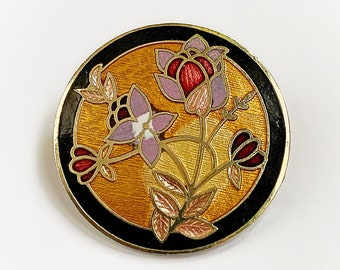 Vintage Cloisonné Orange Circle Brooch with Purple Pink and Red Flowers