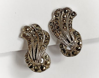 Vintage Silver Tone Metal and Bronze Rhinestone Clip On Earrings