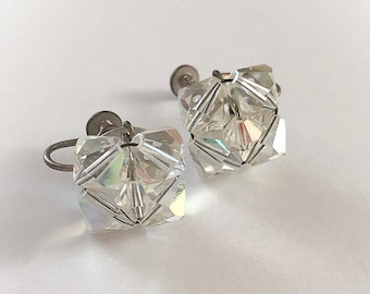 Vintage Aurora Borealis Faceted Bead Earrings Screw Backs