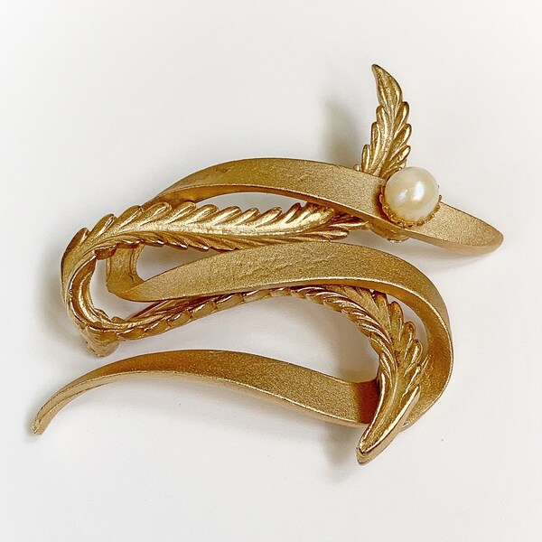 Vintage Leaf and Banner Brooch with Faux Pearl Accent Gold Tone Metal