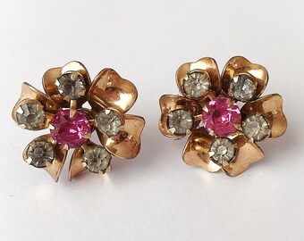 Vintage 10k Gold Filled Rhinestone Flower Earrings Screw Backs