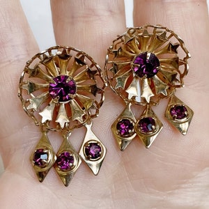 Vintage Purple Rhinestone and Gold Tone Metal Dangle Screw Back Earrings