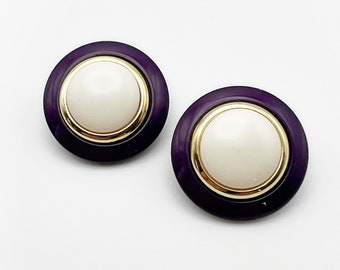 Vintage 1980s Purple Gold and White Plastic Circle Clip On Earrings