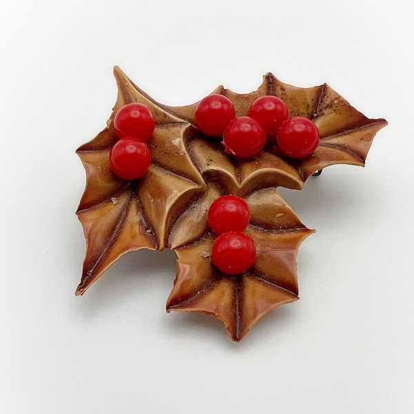 Vintage Plastic Christmas Holly Berry Leaf Brooch Brown and Red