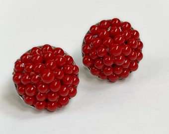 Vintage Red Plastic Bead Dome Screw Back Earrings