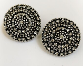 Vintage Silver Tone Metal Dome Clip On Earrings with White Rhinestones