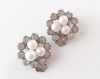 Boucles D'oreilles Anciennes Clips - Perles Nacrées Et Strass - Occasion Bon état